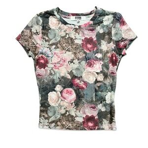 Stevie Madden Floral Mesh Top‎ Sheer See Through Fitted Tee Shirt S